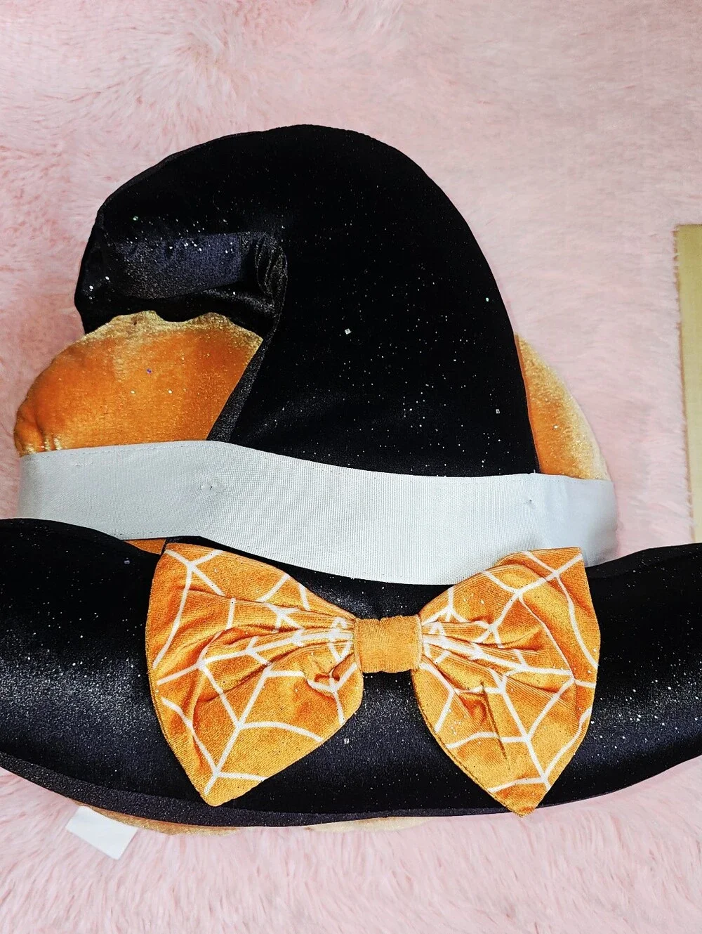 Sparkly Halloween Orange Pumpkin & Black Witchs Hat Pillow Set 2 Pack Bundle New